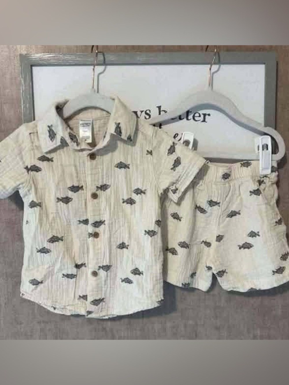 Carter's Beige Short-Sleeve Button Shirt & Shorts with Fish Print